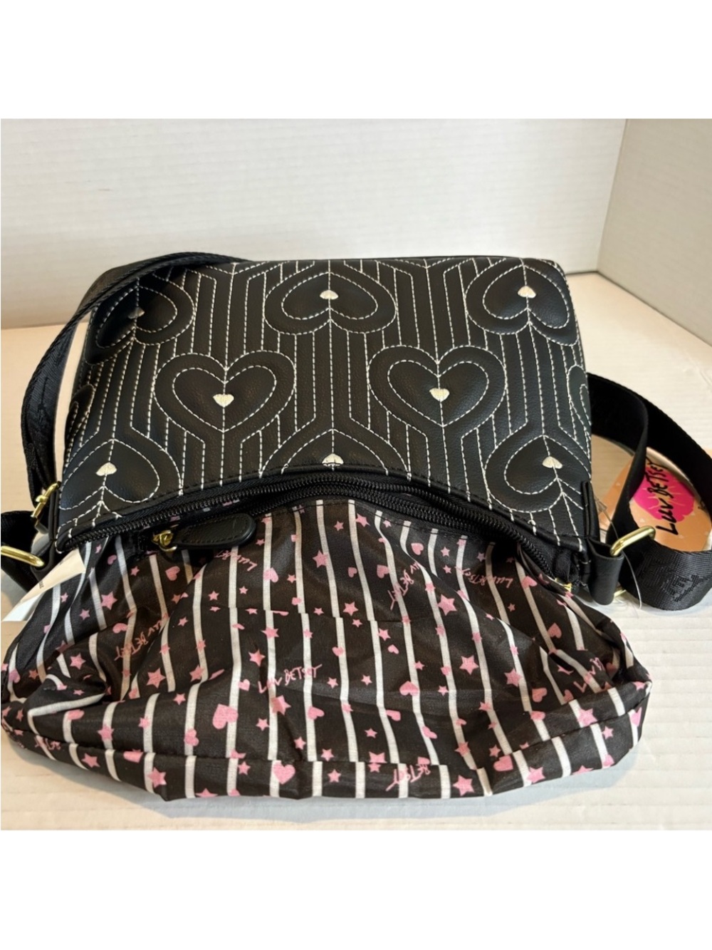 Betsey Johnson Black Quilted Heart Crossbody with Gold Hardware - Picture 8 of 10